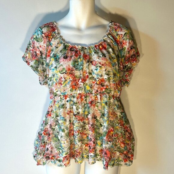 Cato SZ 22/24 Multi Color Lace Peasant 80's Top Coquette Boho Romantic Y2K - Picture 1 of 9